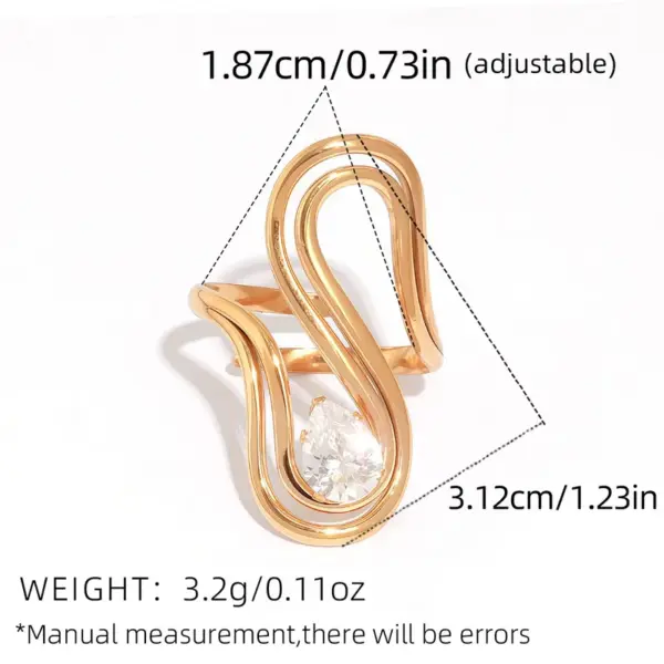 Summer Ladies 18K Gold Plated Stainless Steel Cubic Zirconia Ring Adjustable Size Elegant Luxury Romantic Jewelry Accessories