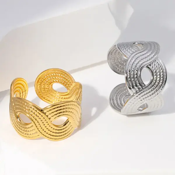PVD Coated Real Gold Plated Waves Stainless Steel Fashion Waterproof Non Tarnish Open Ring