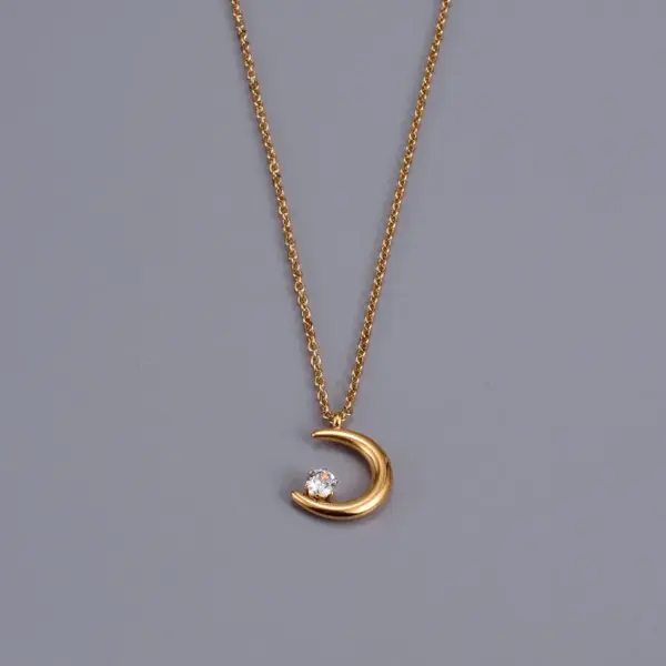 Wholesale 304 Stainless Steel Moon PVD Coated Artificial Rhinestones 18K Gold Plated IG Style Simple Style Waterproof Non Tarnish Plating Inlay Cable Chain Necklace