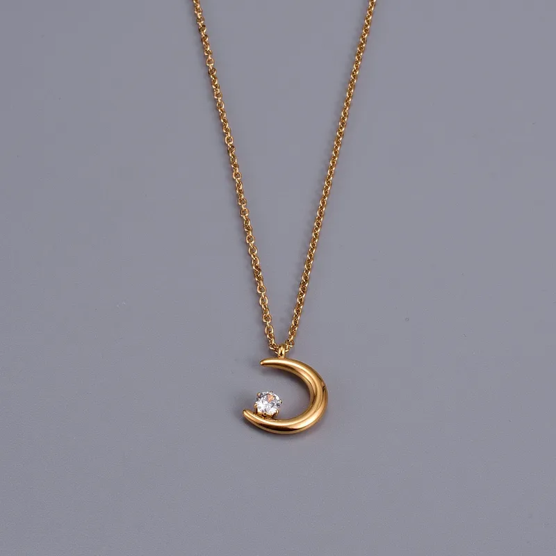 Wholesale 304 Stainless Steel Moon PVD Coated Artificial Rhinestones 18K Gold Plated IG Style Simple Style Waterproof Non Tarnish Plating Inlay Cable