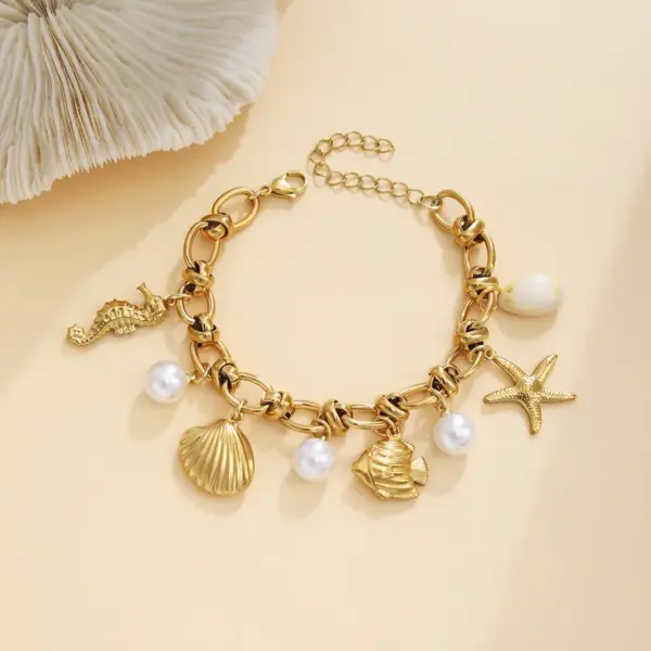 Hawaiian Bohemian Beach Starfish Shell Hippocampus Pearl 304 Stainless Steel Stainless Steel Chain Bracelets In Bulk