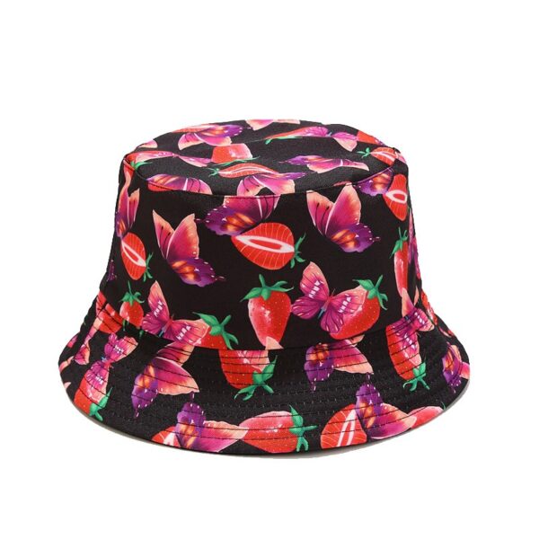 Wholesale Amazon Creative New Strawberry Butterfly Pattern Double-sided Fisherman Hat Women's Fashionable Outdoor Sunshade Basin Hat Foldable