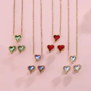 Wholesale 304 Stainless Steel Glass Heart Shape Ion Plating (IP) Zircon 18K Gold Plated Vintage Style Sweet Waterproof Non Tarnish Inlay Regular Chain Multicolor-Golden Yellow Jewelry Set