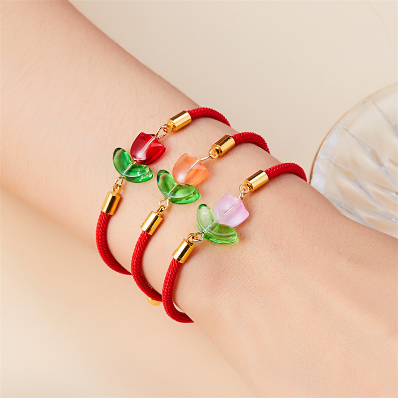Wholesale European and American cross-border Tulip bracelet black and red rope a pair of pull-out flower adjustable flower bracelet factory straight h