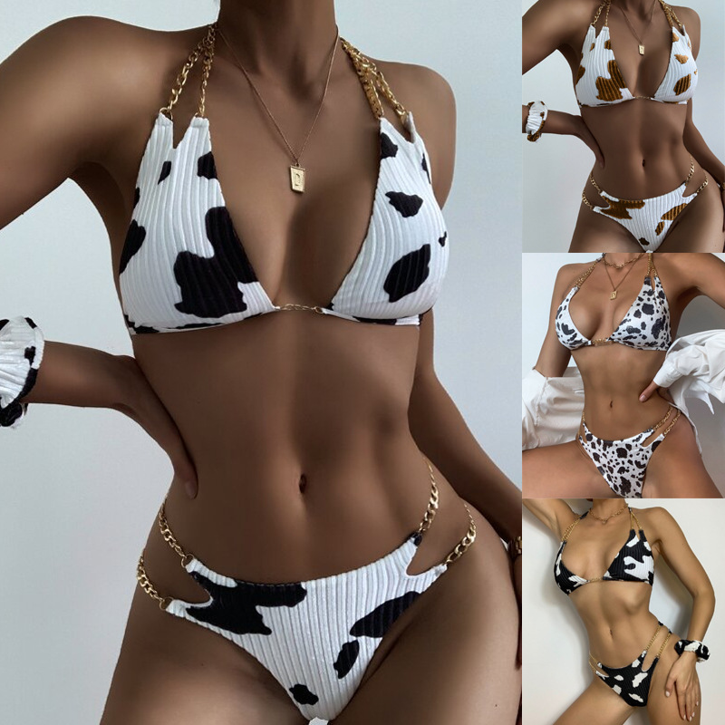 Wholesale Cross-Border Bikini Chain Sexy Backless Split Swimsuit Exrt Cow Print Bikini Swimsuit Ready Stock Tight
