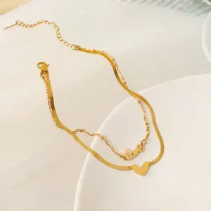 Gold Double Layers Loving Heart Love Anklet