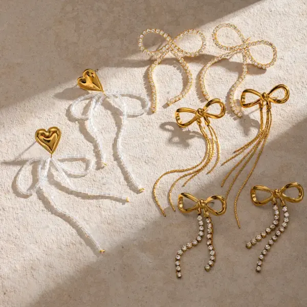 Wholesale 304 Stainless Steel Tassel Bow Knot PVD Coated Rhinestones 18K Real Gold Plated Real Gold Plated 18K Gold Vacation Simple Style IG Style Waterproof Non Tarnish Inlay Gold Drop Earrings