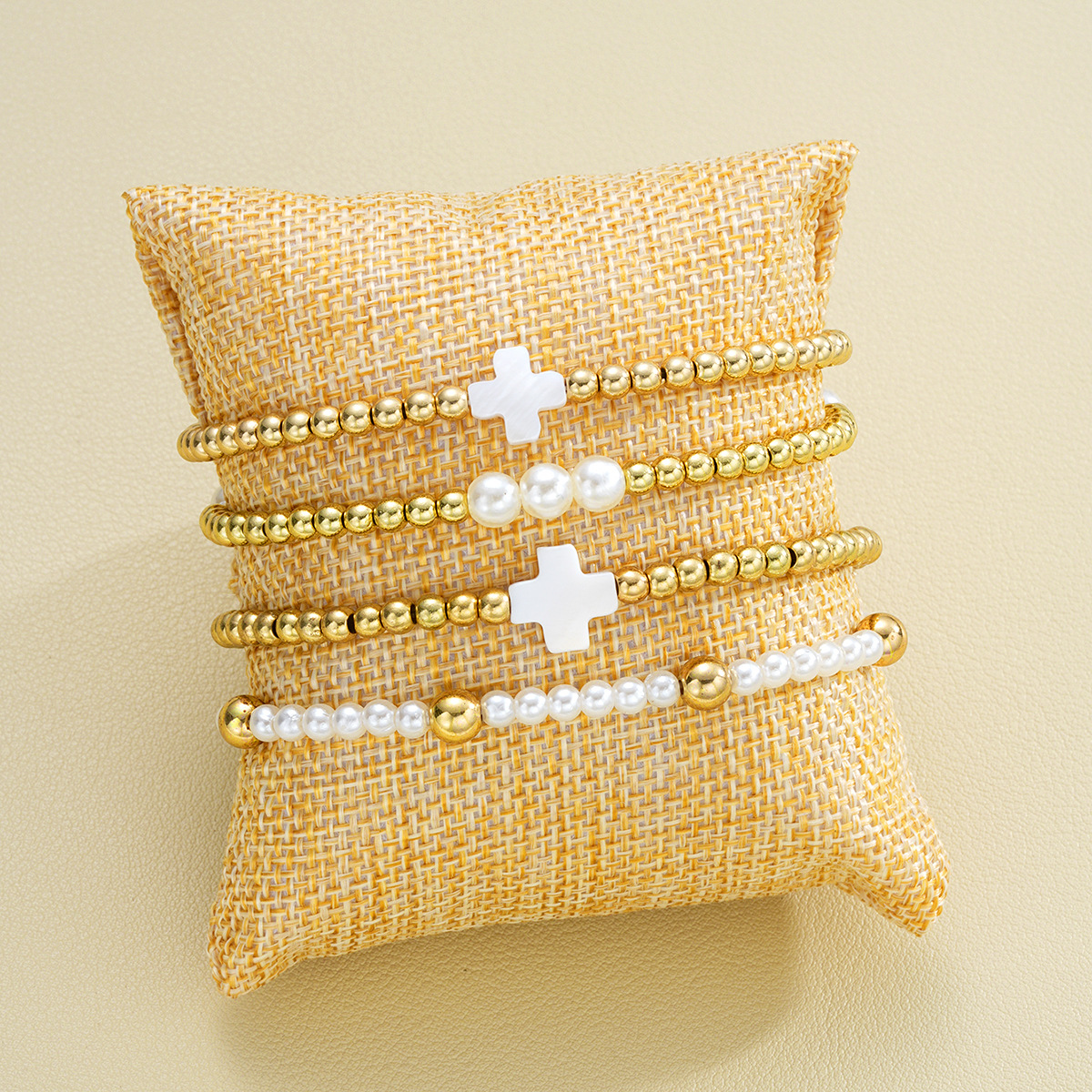 Wholesale Cross-border New Bohemian B Beaded Cross Bracelet 4-piece Set Stretch Faux Pearl Beaded suit