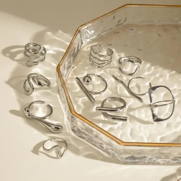 Wholesale 304 Stainless Steel Geometric Exaggerated Artistic Waterproof Non Tarnish Layered Silver Open Rings