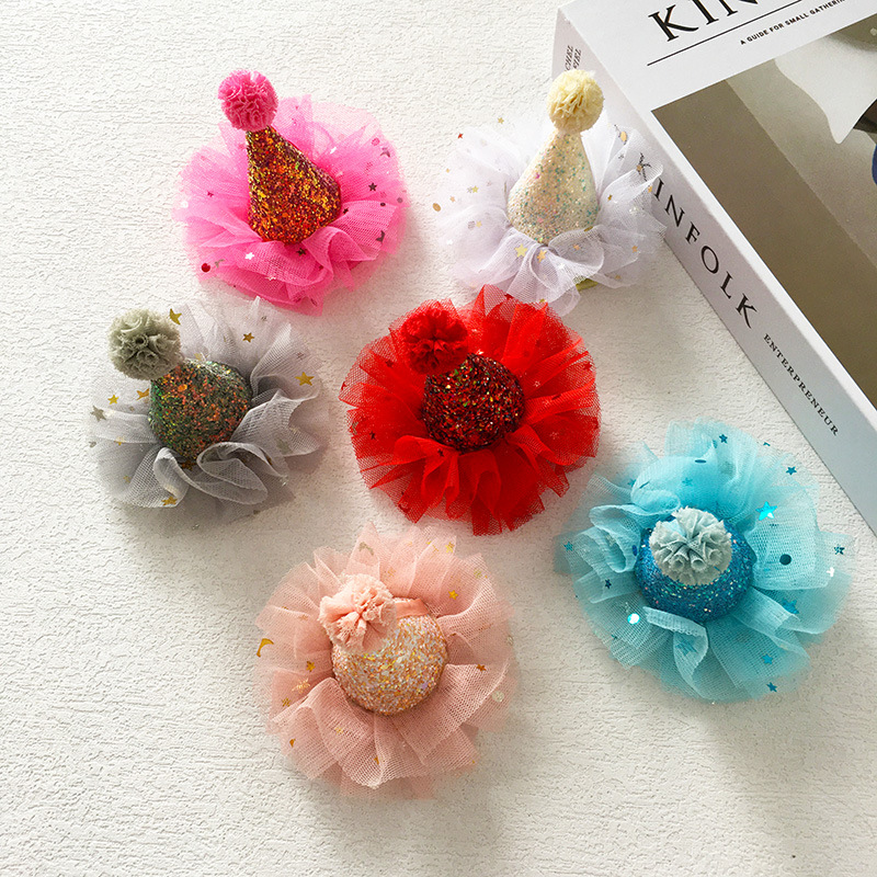 Wholesale Birthday party hair aessories cute small gauze ball three-dimensional hat hairpin chilen's headess star mesh headess