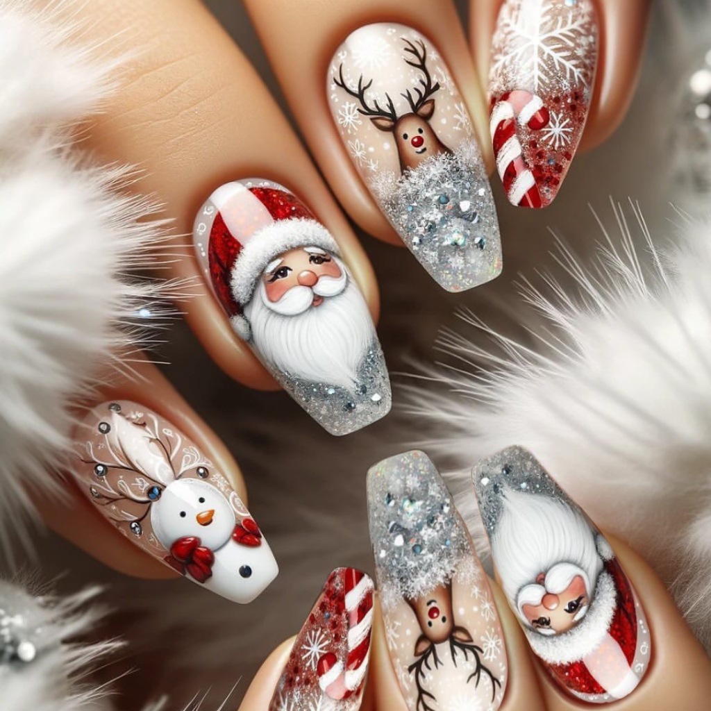 Wholesale WM-303 Ice Crystal Christmas False Nails Long T-Shirt, Christmas Snowflakes, Reindeer, , Nail Tips