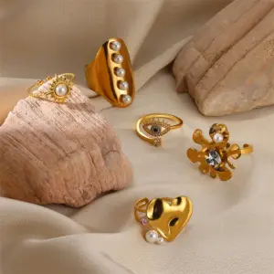 Wholesale PVD Coated Real Gold Plated Heart Shape Flower 304 Stainless Steel Imitation Pearl Elegant Classical Romantic Waterproof Non Tarnish Open Rings Rings