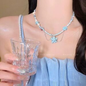 Blue beaded starfish pendant necklace
