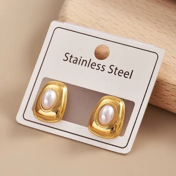 Wholesale 304 Stainless Steel Geometric Square Electroplating Imitation Pearl Golden Plated IG Style Casual Polishing Hollow Out Inlay Ear Studs