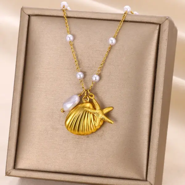 PVD Coated Real Gold Plated Starfish Shell 304 Stainless Steel Basic Modern Style Classic Style Waterproof Non Tarnish 304 Stainless Steel Lobster Trigger Clasp Closure Pendant Necklace