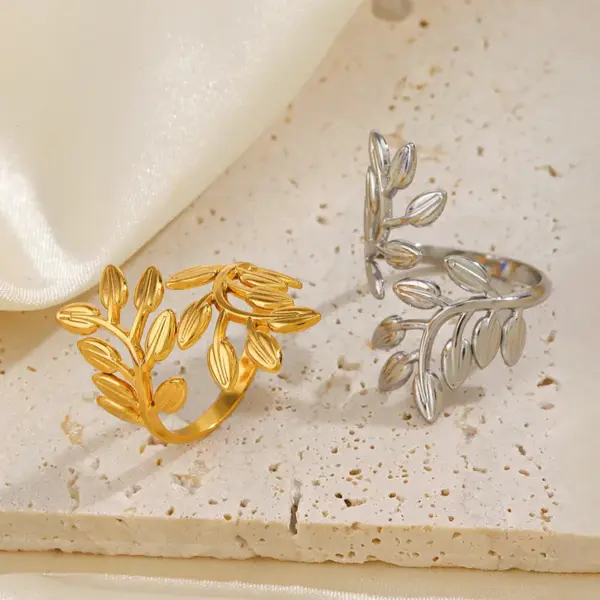 PVD Coated 18K Gold Plated Leaves 304 Stainless Steel IG Style Waterproof Non Tarnish Open Rings