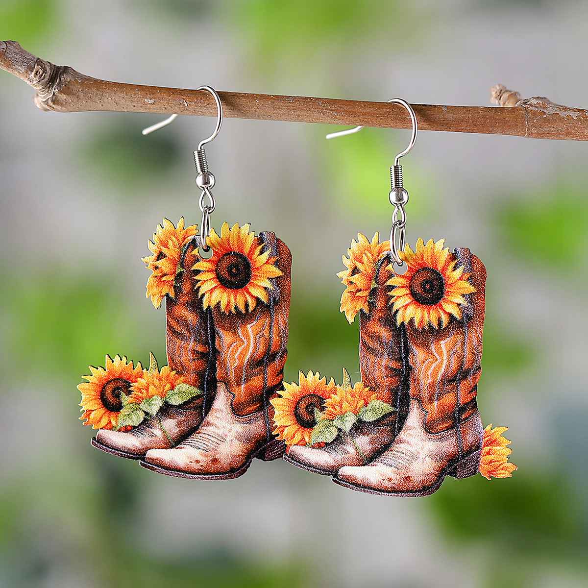 Wholesale Cross-border New Western Spring Summer Suower Flower Denim Boots Pendant Earrings Wooden Double-sided Earrings