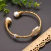 Wholesale Retro Solid Color Stainless Steel Freshwater Pearl Plating 18k Gold Plated Bangle
