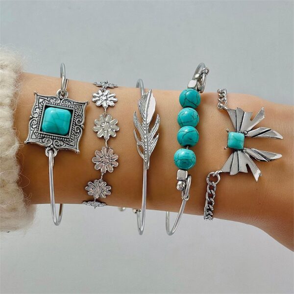 Wholesale Bohemian Style Set Turquoise Leaf Bracelet Ethnic Style Bow Flower Turquoise Bracelet suit
