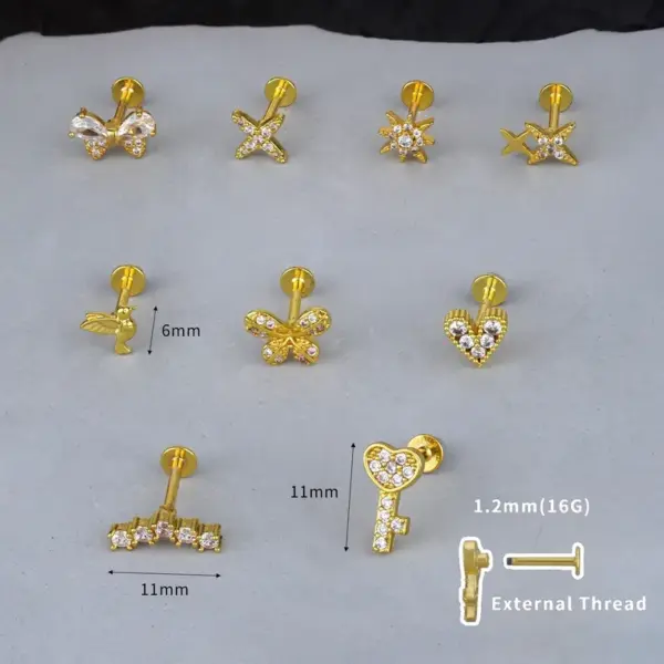 Fashionable Stainless Steel 316L Heart Shaped Earring Studs Flat Bottom With Internal And External Thread Zirconia Lip Pins