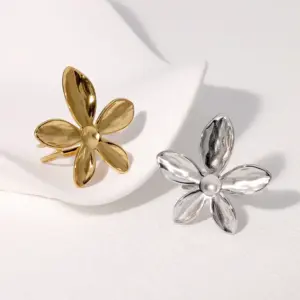 Wholesale PVD Coated Real Gold Plated 18K Gold Flower 304 Stainless Steel Vacation IG Style Waterproof Non Tarnish Open Rings