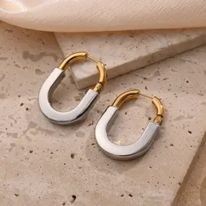Light Gold U-Shaped Earrings (Steel & Gold)【30x22mm (Needle Thickness: 0.8mm)】 / 1 Pair/Package
