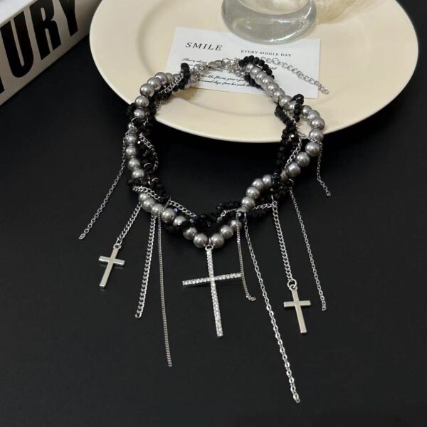 oly-4bc79d4009c5943cf253ee11eb67c121 Wholesale Sweet Cool Spice Multi-layer Imitation Pearl Chain Winding Long and Short Tassel Cross Pendant Necklace Women's European and American Elegant Necklace