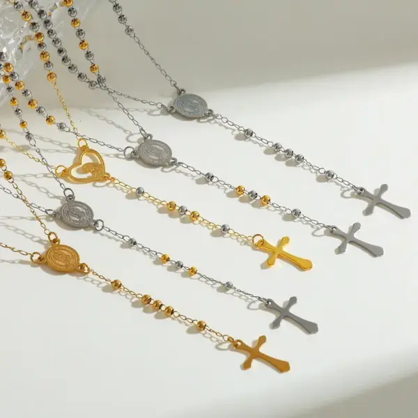 Wholesale 304 Stainless Steel Gold Plated Vacuum Electroplating (In Furnace) Gold Steel Color Cross Heart Shape Religious Simple Style Women's Necklace