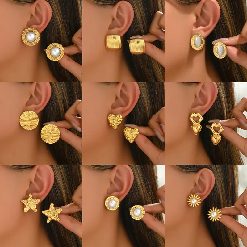 Wholesale 304 Stainless Steel Pentagram Heart Shape PVD Coated Real Gold Plated Casual Vacation Simple Style Waterproof Non Tarnish Ear Studs