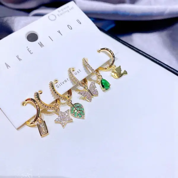 Copper 14K Gold Plated Cute Commute Inlay Pentagram Butterfly Bird Zircon Drop Earrings