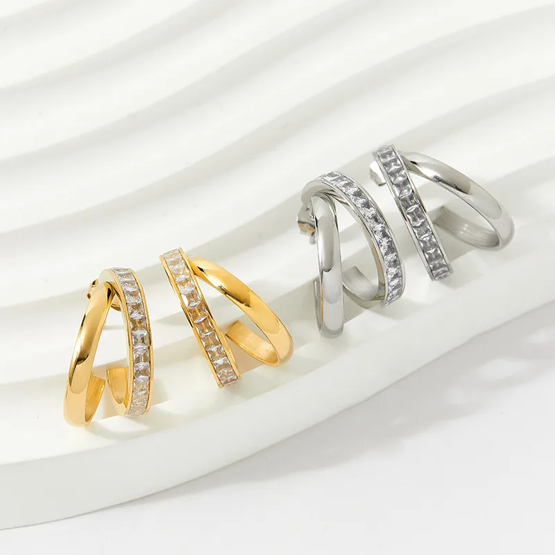 Wholesale Fashion C Shape Inlay 304 Stainless Steel Zircon 16K Gold Plated White Gold Plated Gold Plated Stainless Steel Earrings