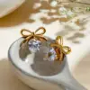 Wholesale 304 Stainless Steel Heart Shape Bow Knot PVD Coated Zircon Real Gold Plated 18K Gold Elegant Sweet Waterproof Non Tarnish Inlay Ear Studs
