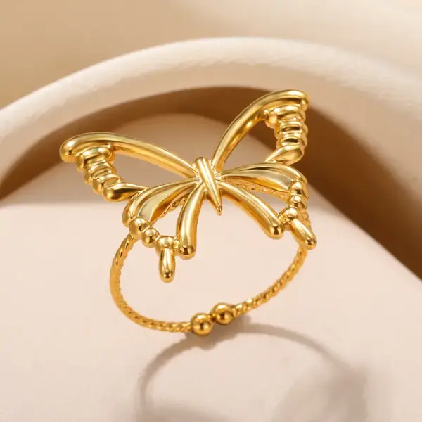 PVD Coated Real Gold Plated Butterfly 304 Stainless Steel Sweet Simple Style Waterproof Non Tarnish Rings