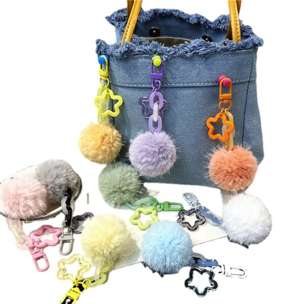 Wholesale Creative cute fur ball small flower key chain small fresh color candy ball plush bag pendant earphone set accessories