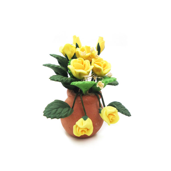 Wholesale 1:12 dollhouse accessories dollhouse mini clay flower plant red pottery pot yellow rose flower arrangement model