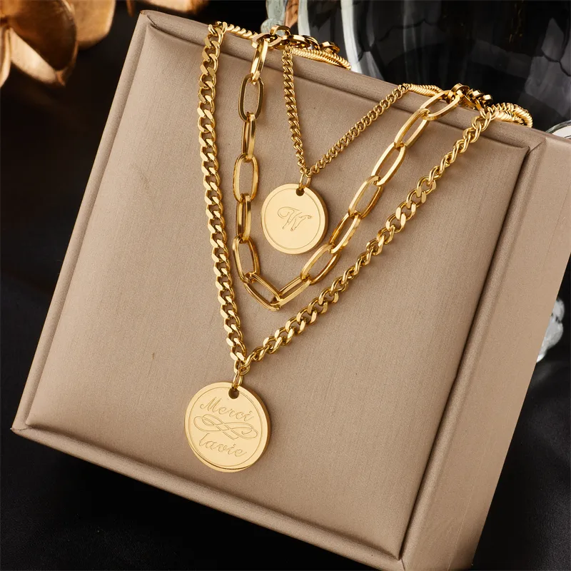 Wholesale PVD Coated 18K Gold Plated Letter Stainless Steel Vintage Style Waterproof Non Tarnish 304 Stainless Steel Layered Necklaces