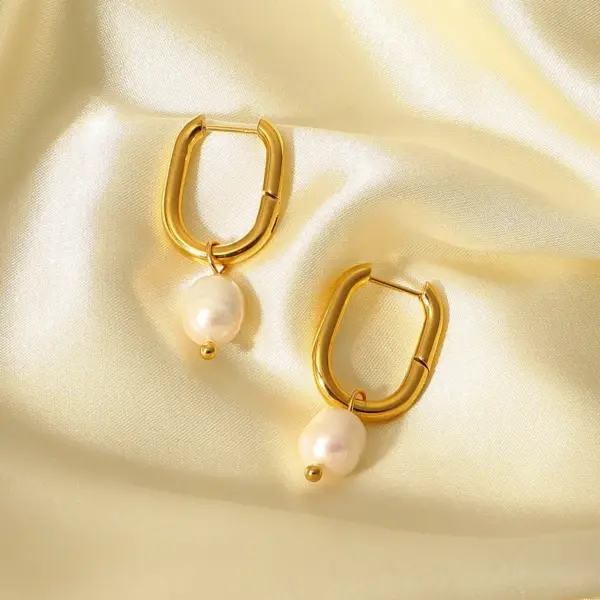 Wholesale 1 Pair Elegant U Shape 304 Stainless Steel Freshwater Pearl PVD Coated Drop Earrings