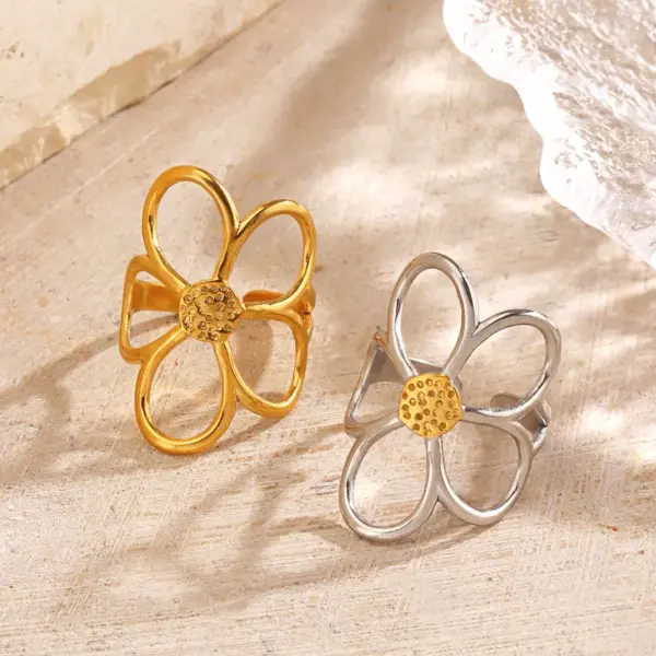 Wholesale Ion Plating (IP) 18K Gold Plated Flower 304 Stainless Steel Elegant Glam Hip-Hop Waterproof Non Tarnish Open Rings