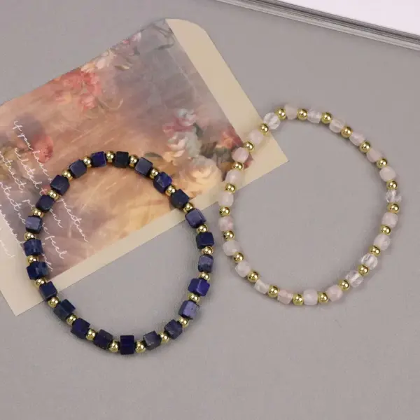 Wholesale Vintage Style Geometric Natural Stone Elastic String Golden Balls Woven Chain Bracelets In Bulk