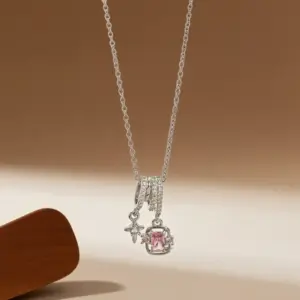 X08296 [Copper Pendant] Pink Diamond Star Necklace - / Silver