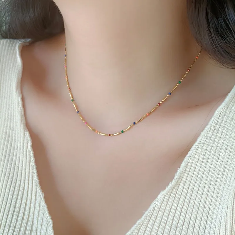 Wholesale Jewelry Sweet Geometric Titanium Steel 18K Gold Plated Enamel Plating Necklace