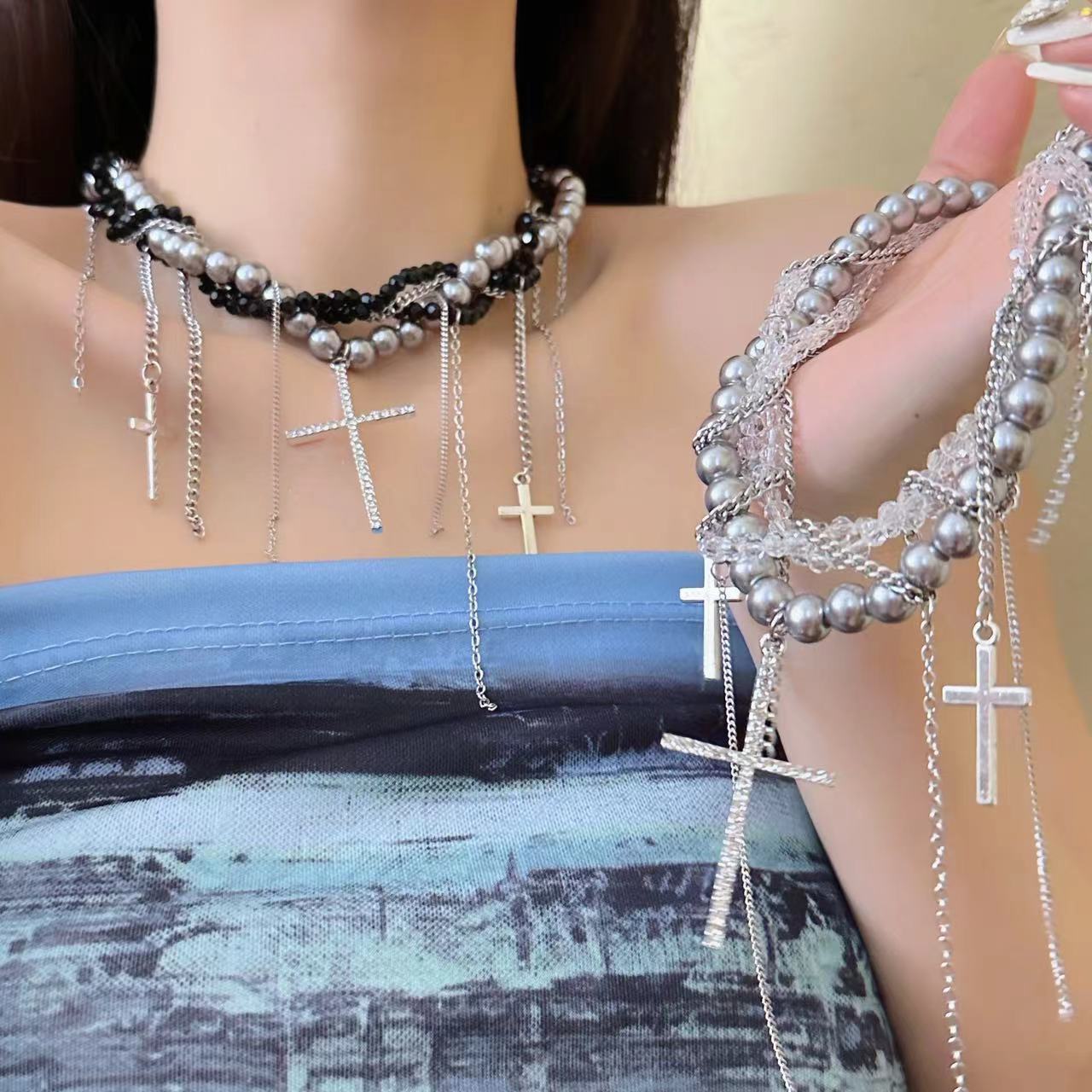 Wholesale Sweet Cool Spice Multi-layer Imitation Pearl Chain Winding Long and Short Tassel Cross Pendant Necklace Women's European and American Elegan