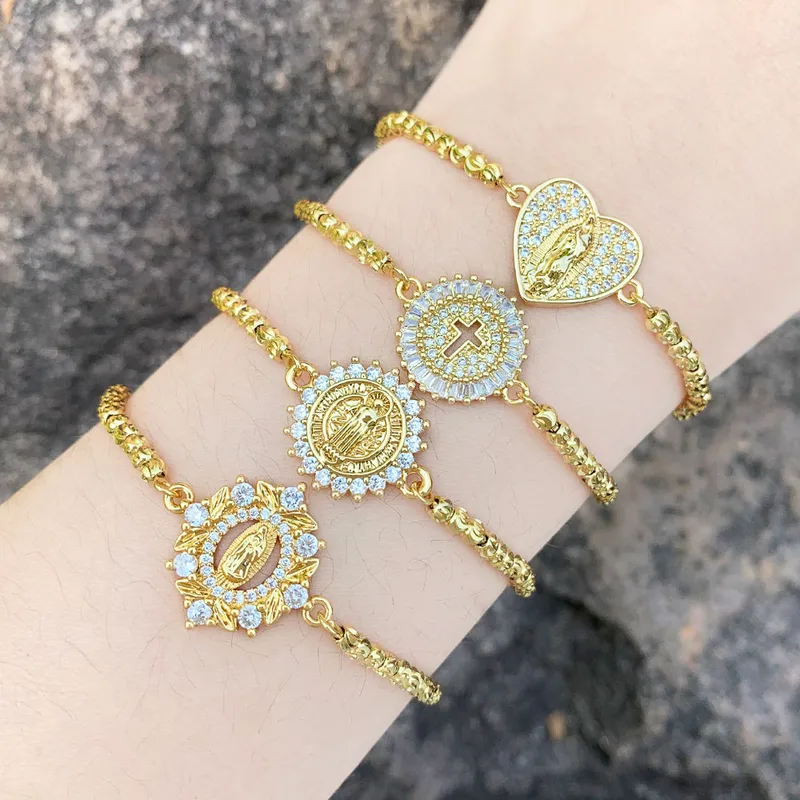 Wholesale Retro Simple Style Cross Virgin Mary Heart Shape Copper Plating Inlay Zircon 18k Gold Plated Bracelets