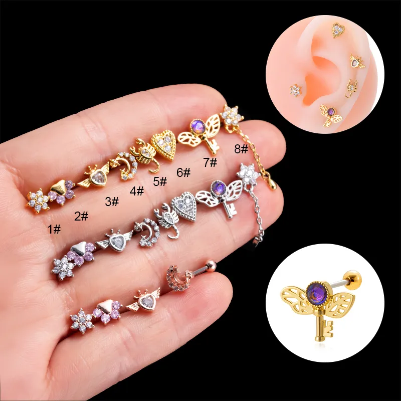 Wholesale 1 Piece 316L Stainless Steel Copper Zircon Ear Cartilage Rings & Studs Heart Shape Wings Flower Waterproof Non Tarnish Surgical Steel Wo