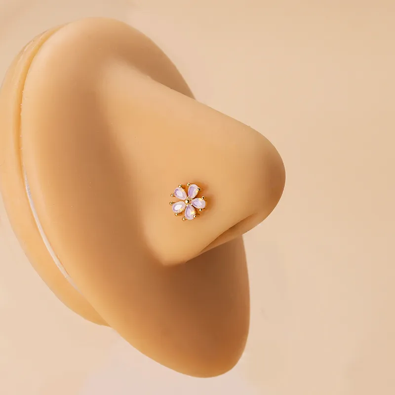 Wholesale 1 Piece Nose Rings & Studs Fashion Flower 316L Stainless Steel Copper Inlay Zircon Nose Pin