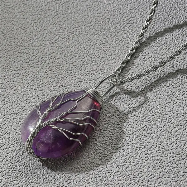 Wholesale Fashion Water Drop Shaped Natural Stone Pendant Winding Stainless Steel Chain Necklace