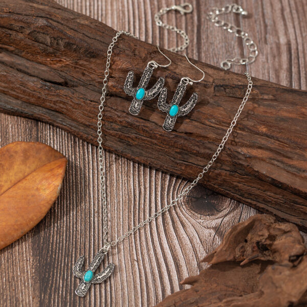 Wholesale Cross-border Retro silver Cactus Earrings Necklace Two-piece Set Retro Bump Texture Turquoise Earrings Necklace