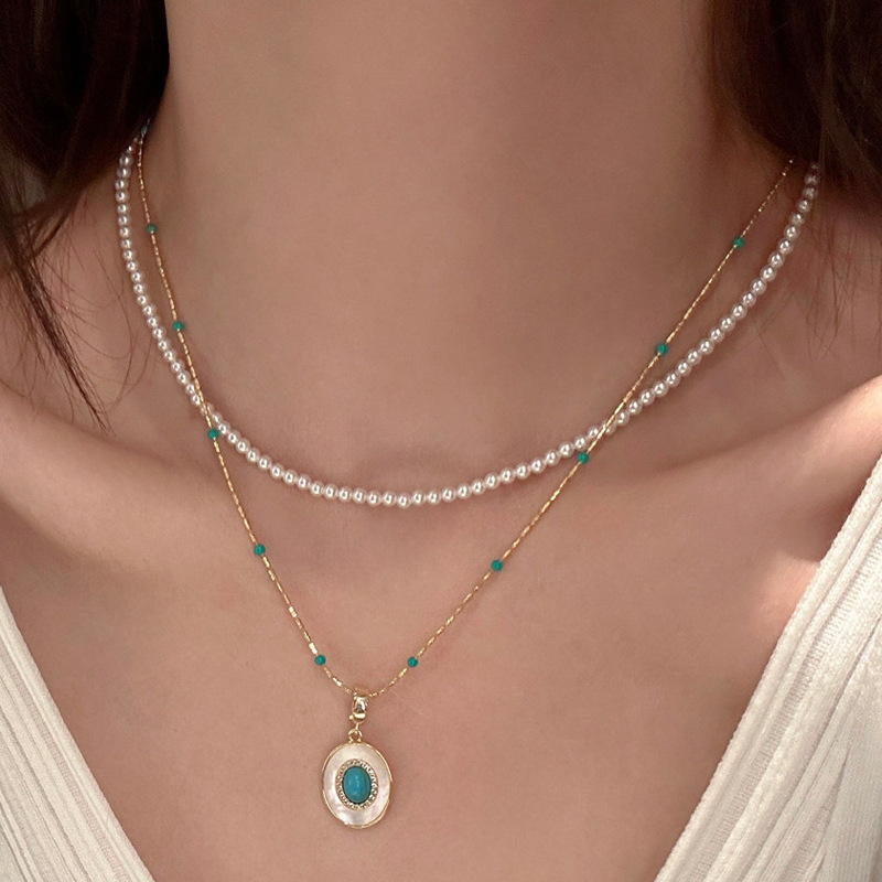 Wholesale Turquoise Pearl Necklace Stacked Women's Aessories Clavicle Chain Summer High-End Light Luxury Niche Pendant Necklace Jewelry