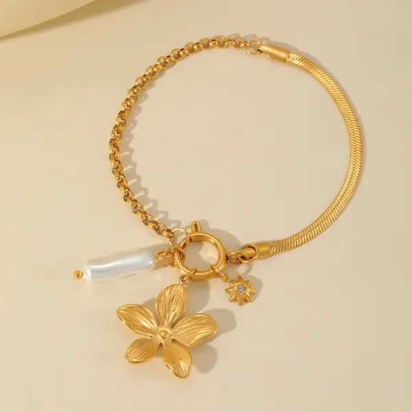 Casual Elegant Cute Cross Heart Shape Flower 304 Stainless Steel 18K Gold Plated Imitation Pearl Zircon Cable Chain Snake Chain Bracelets In Bulk
