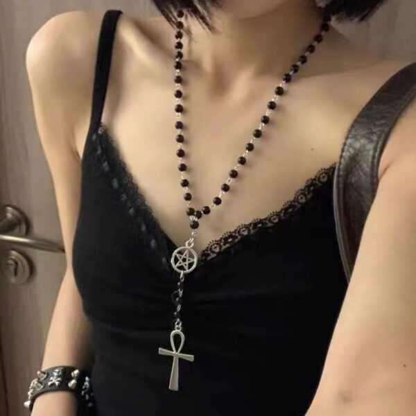 Wholesale Trendy Cool Vintage Dark Cross Bead Necklace Niche Long Sub-culture Spice Girls Beads High-grade Sense Woolen Chain